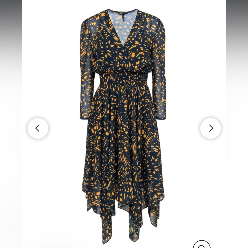 Maje Navy & Yellow Spotted Print Long Sleeve Midi Dress - Picture 4 of 11